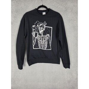 Port & Company Sweatshirt S Black Crewneck Skeleton Coffee Graphic Dark Goth